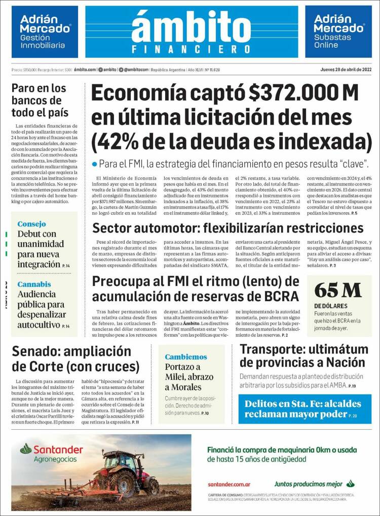 Portada de Diario Ambito Financiero (Argentina)
