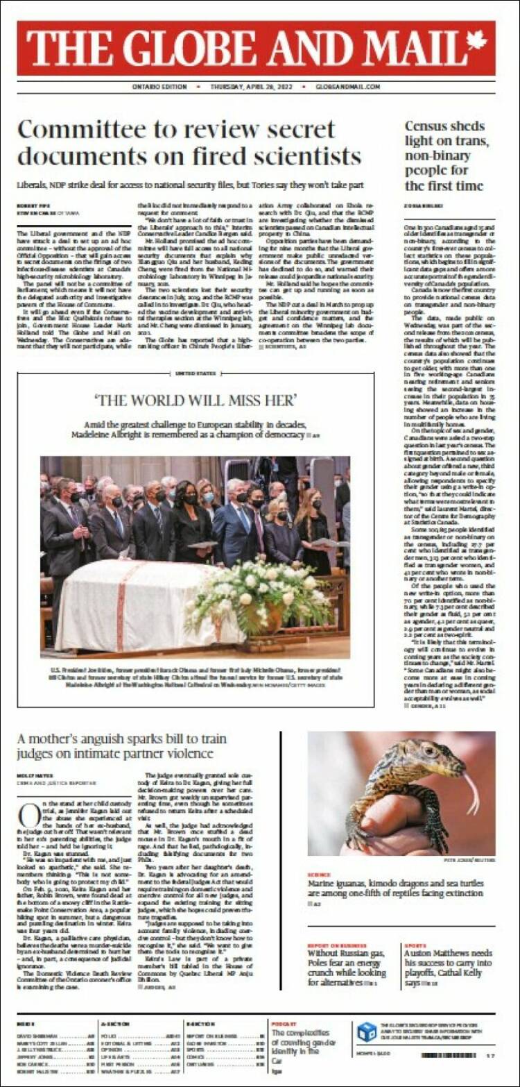 Portada de The Globe and Mail (Canada)
