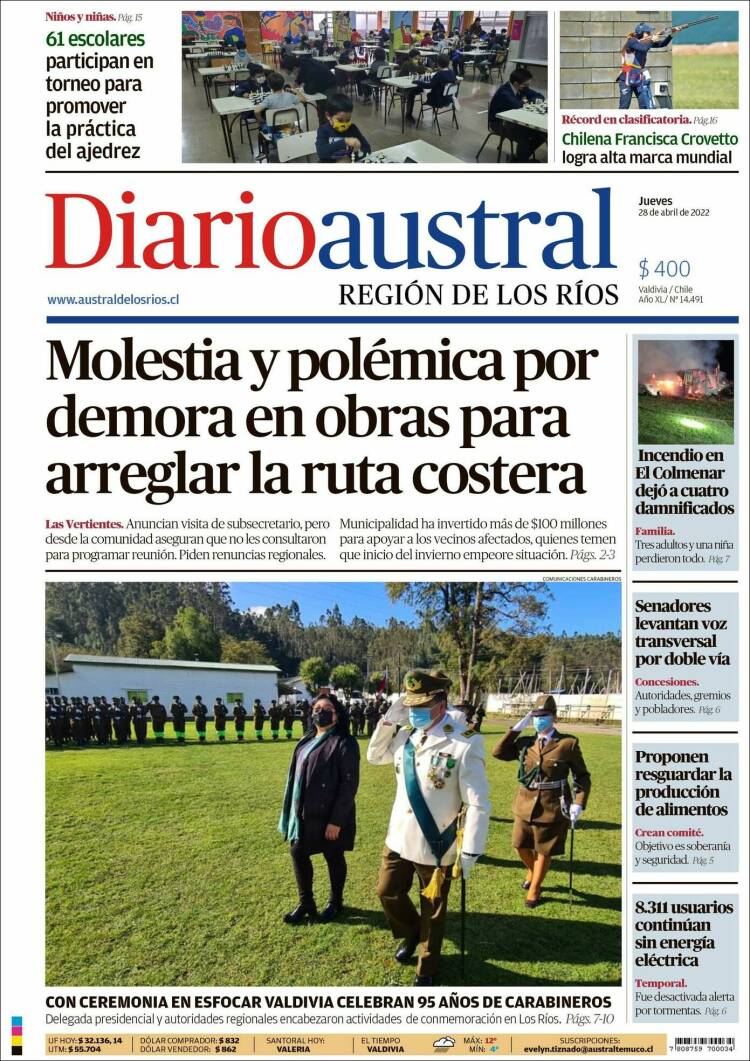 Portada de El Diario Austral de Valdivia (Chile)