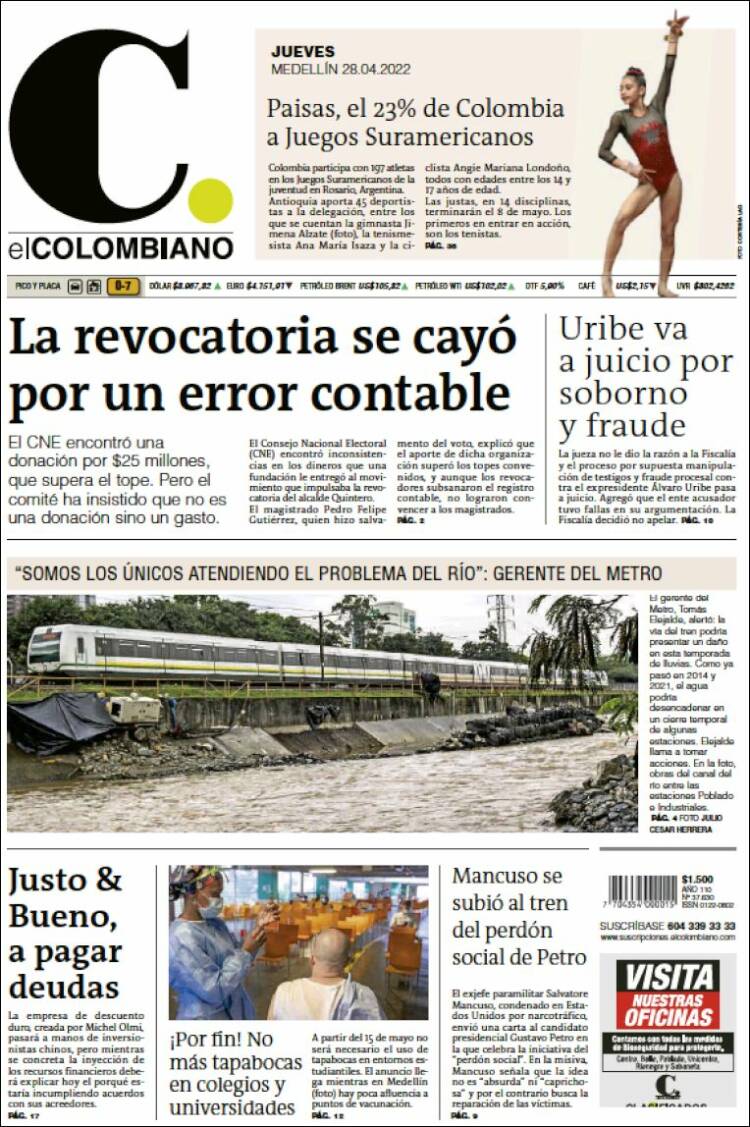 Portada de El Colombiano (Colombia)