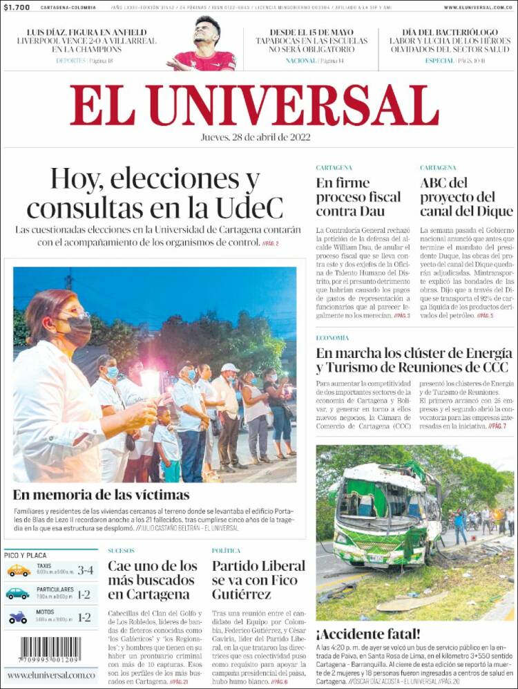 Portada de El Universal (Colombia)