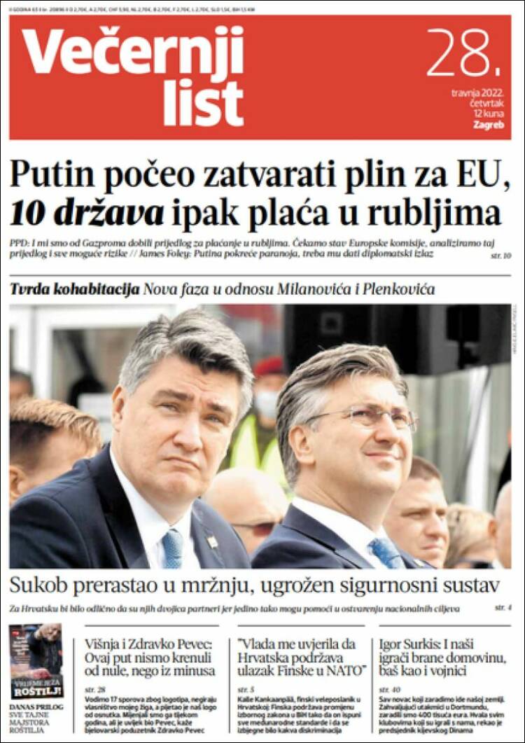 Portada de Večernji (Croacia)