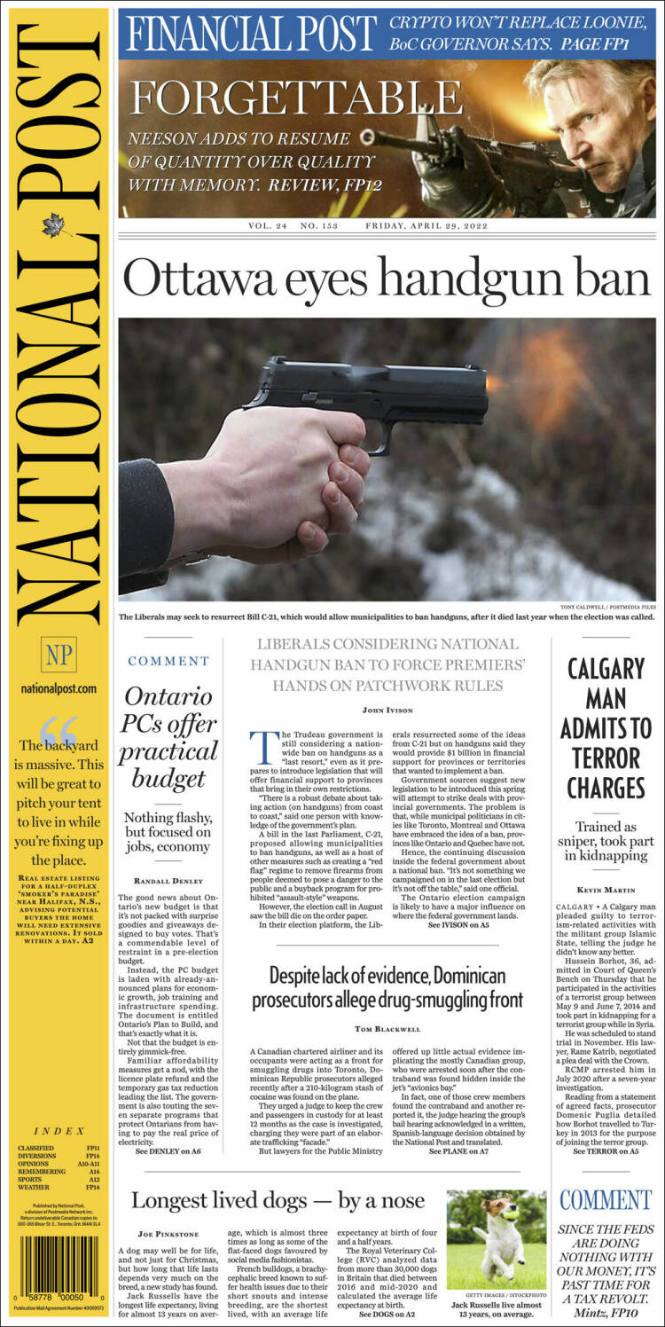 Portada de The National Post (Canadá)