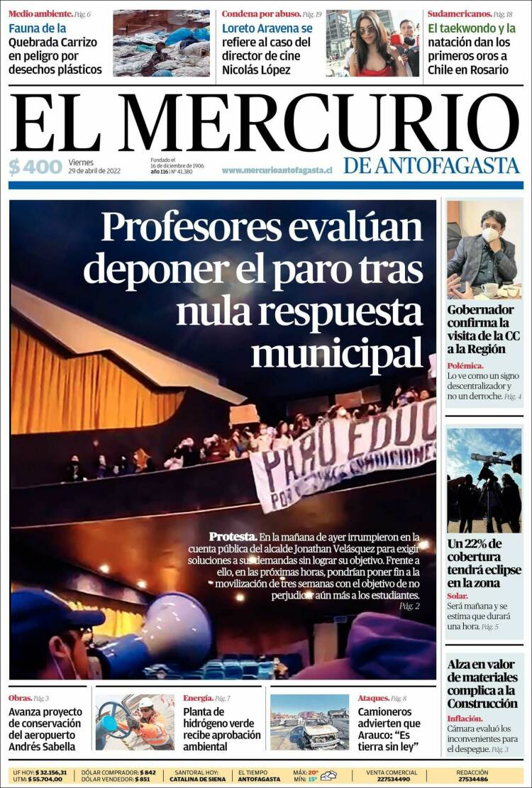 Portada de El Mercurio de Antofagasta (Chile)