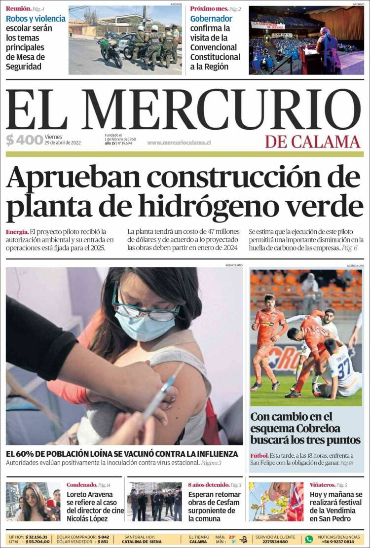 Portada de El Mercurio - Calama (Chile)