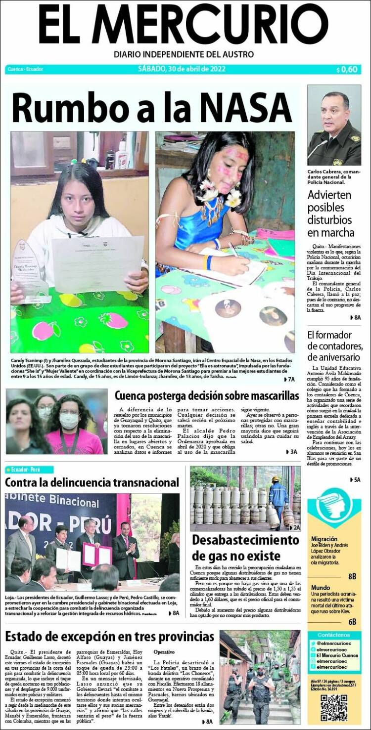 Portada de Diario El Mercurio (Ecuador)