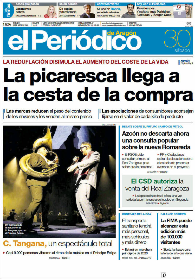 Portada de El Periódico de Aragón (España)