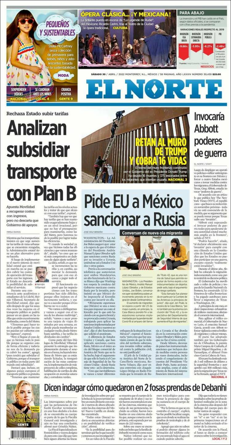 Portada de El Norte (M&eacute;xico)