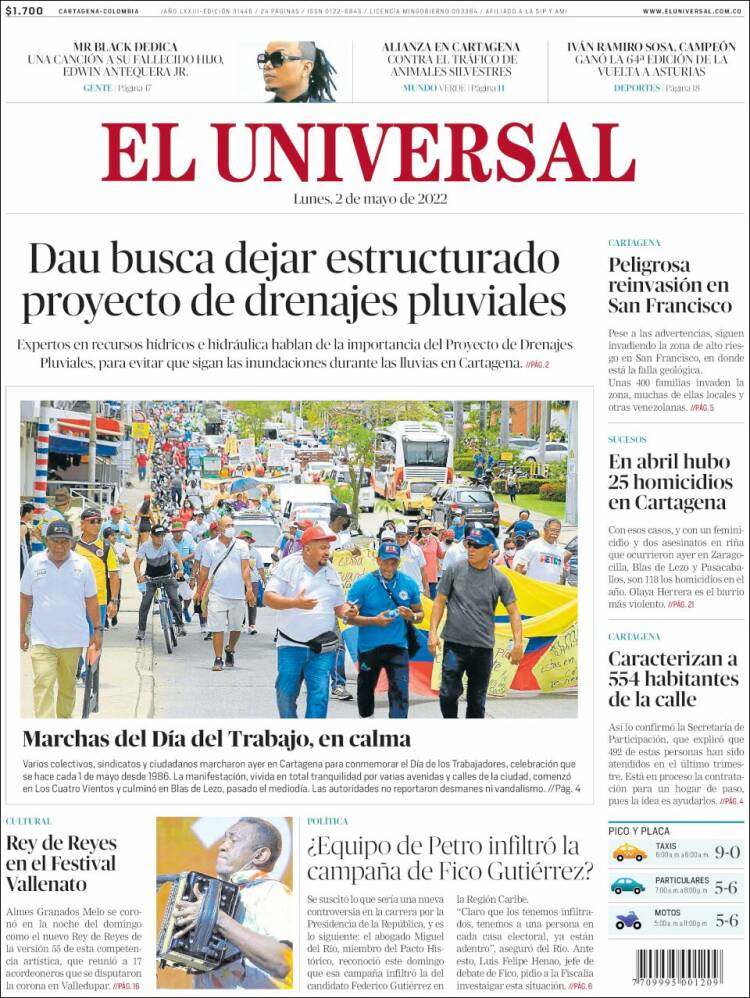 Portada de El Universal (Colombia)