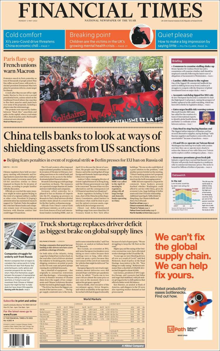 Portada de Financial Times (Reino Unido)