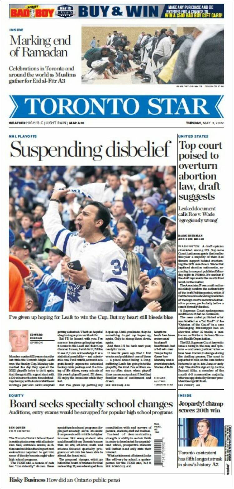 Portada de The Toronto Star (Canadá)