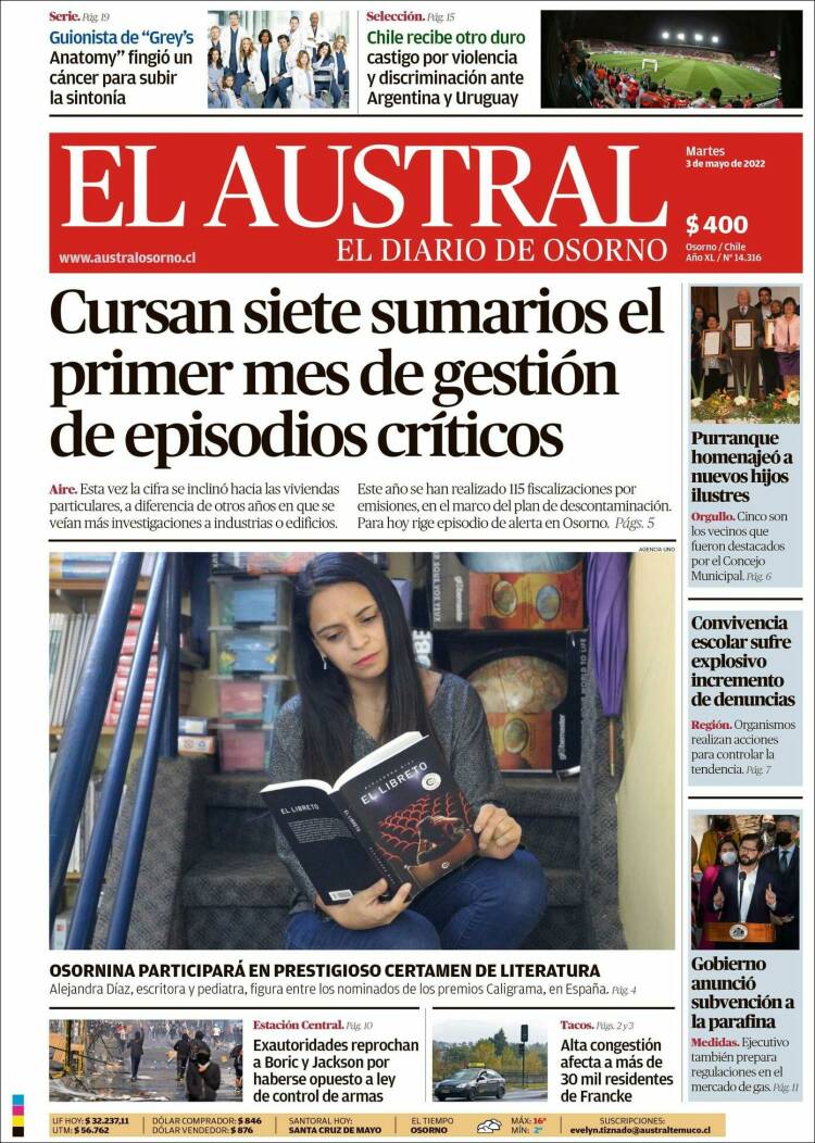 Portada de El Austral de Osorno (Chili)