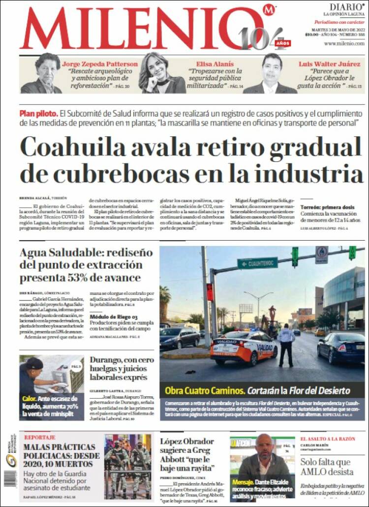 Portada de Milenio - Laguna (México)