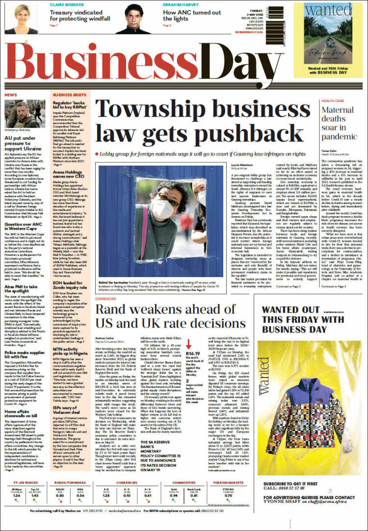 Portada de Business Day (Sud&aacute;frica)