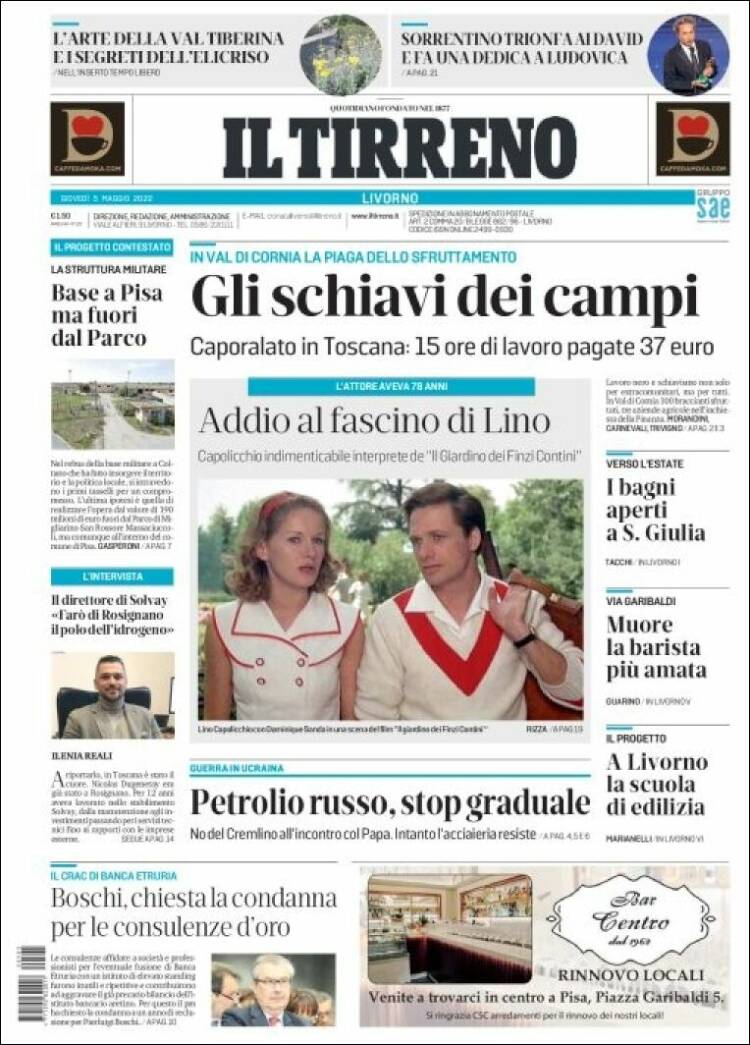 Portada de Il Tirreno (Italia)