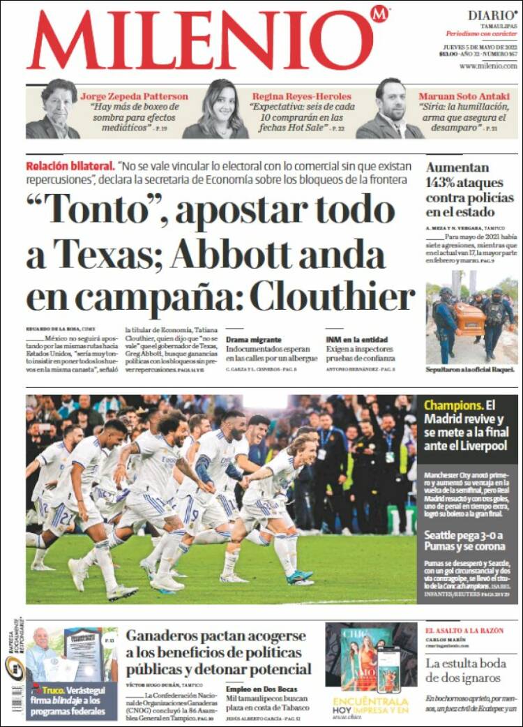 Portada de Milenio - Tamaulipas (México)