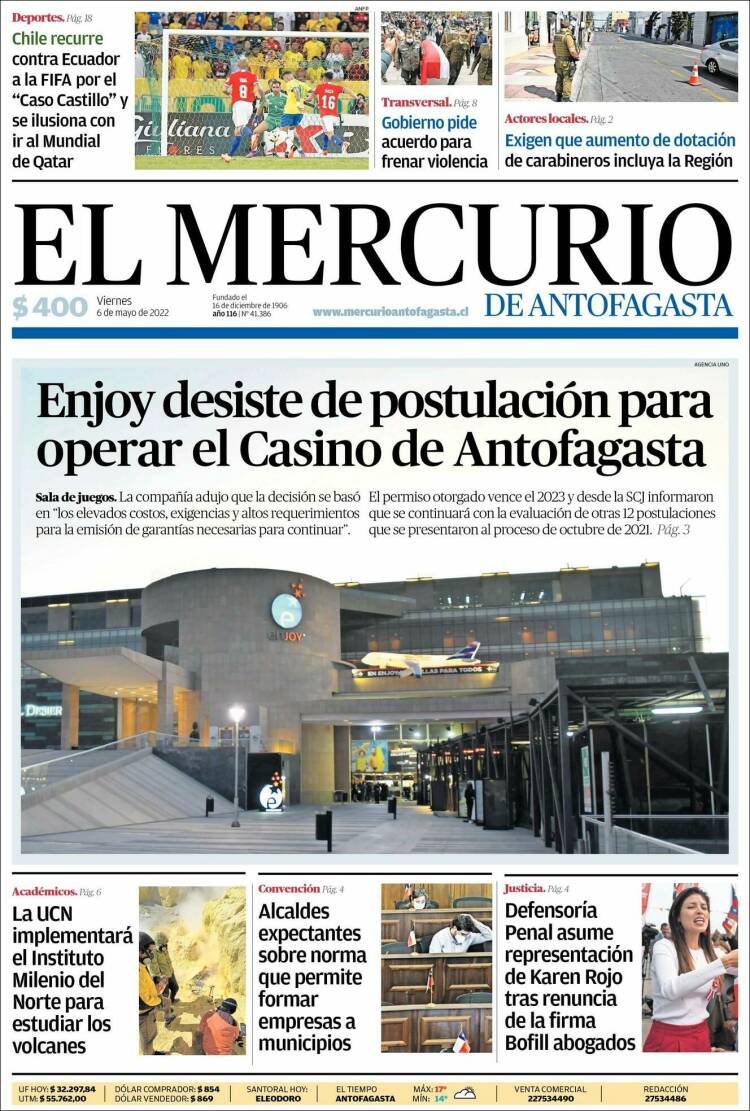 Portada de El Mercurio de Antofagasta (Chile)