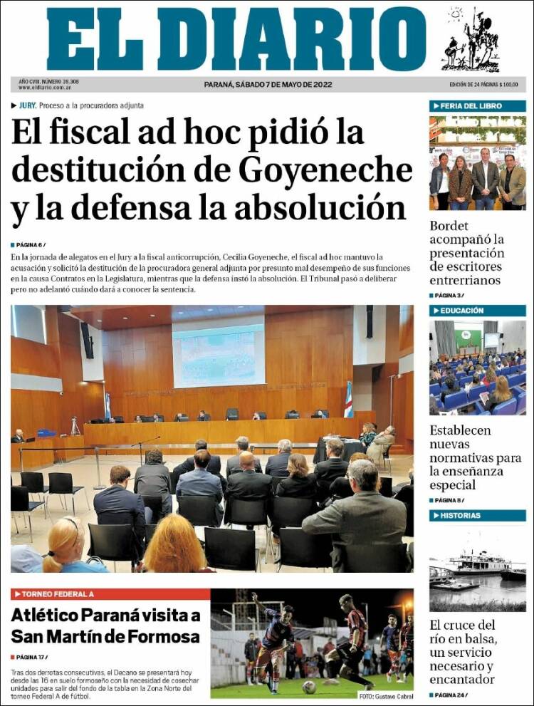 Portada de El Diario de Paraná (Argentina)