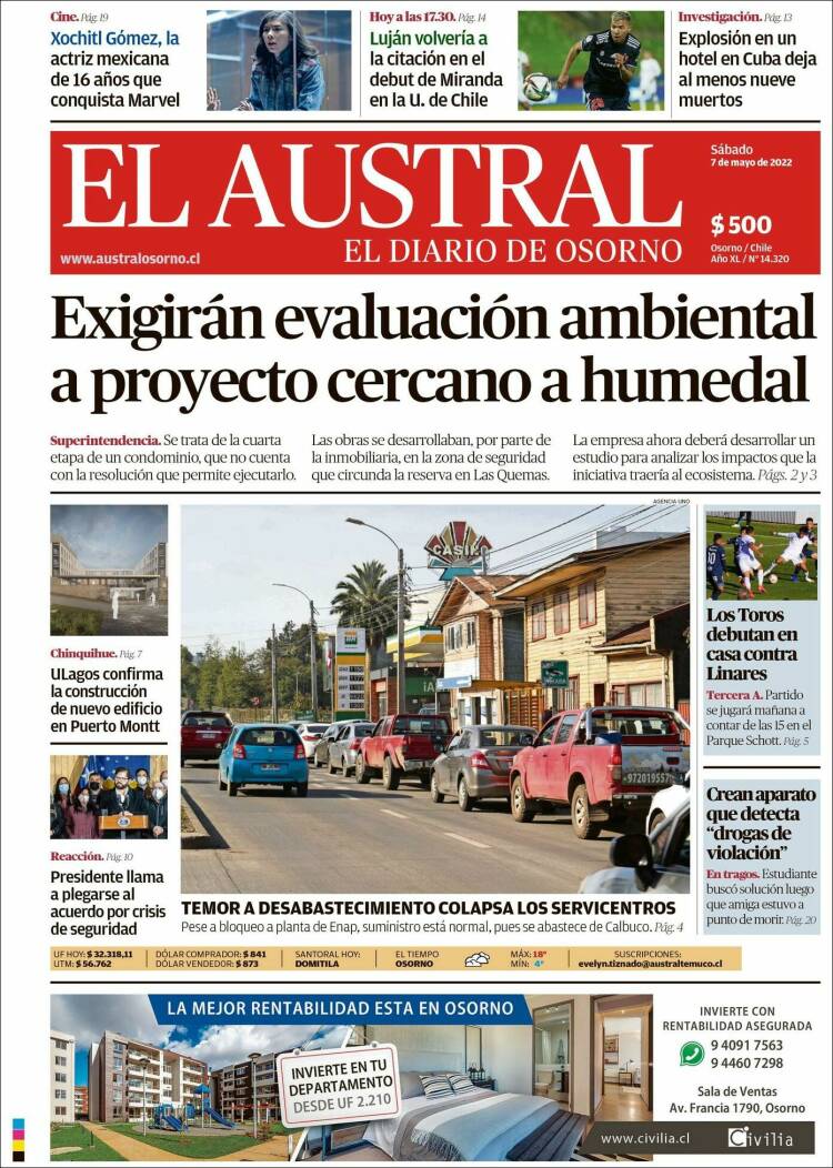Portada de El Austral de Osorno (Chile)