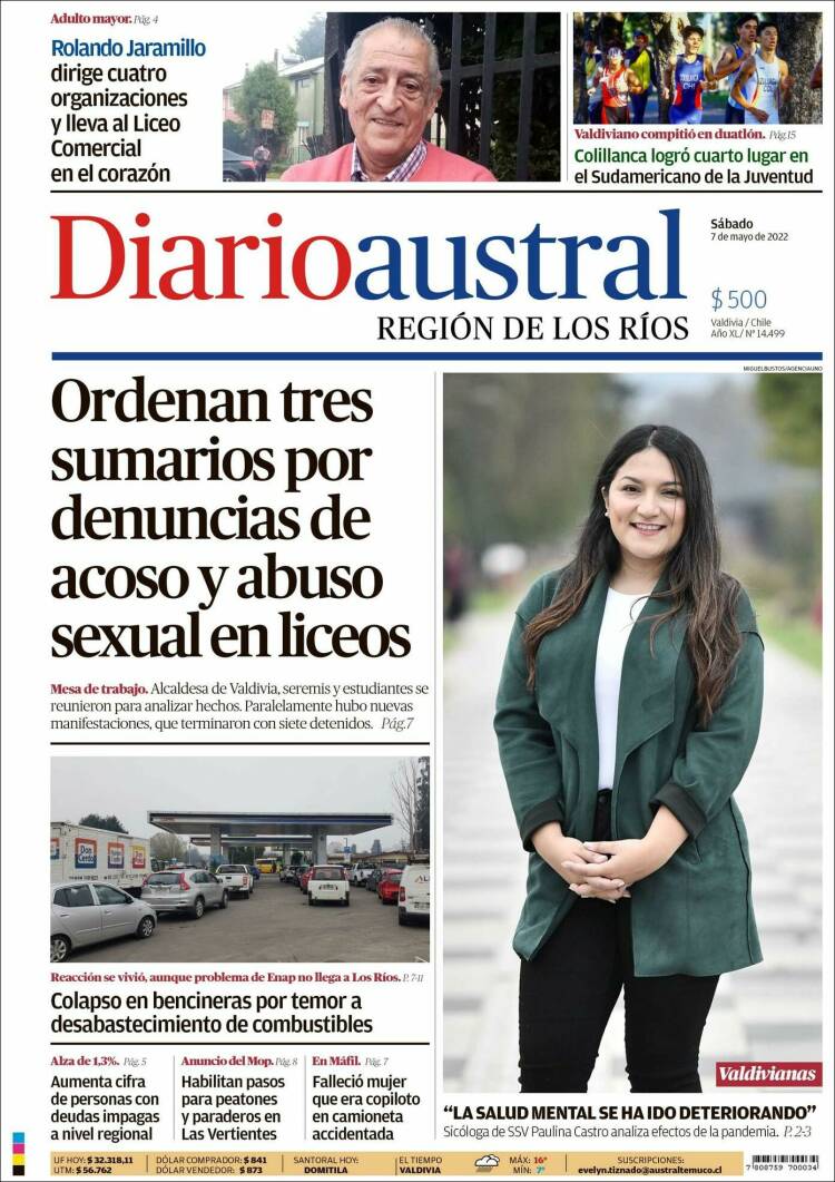 Portada de El Diario Austral de Valdivia (Chile)