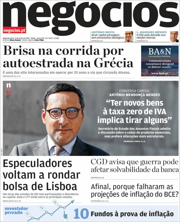 Portada de Jornal de Negócios (Portugal)