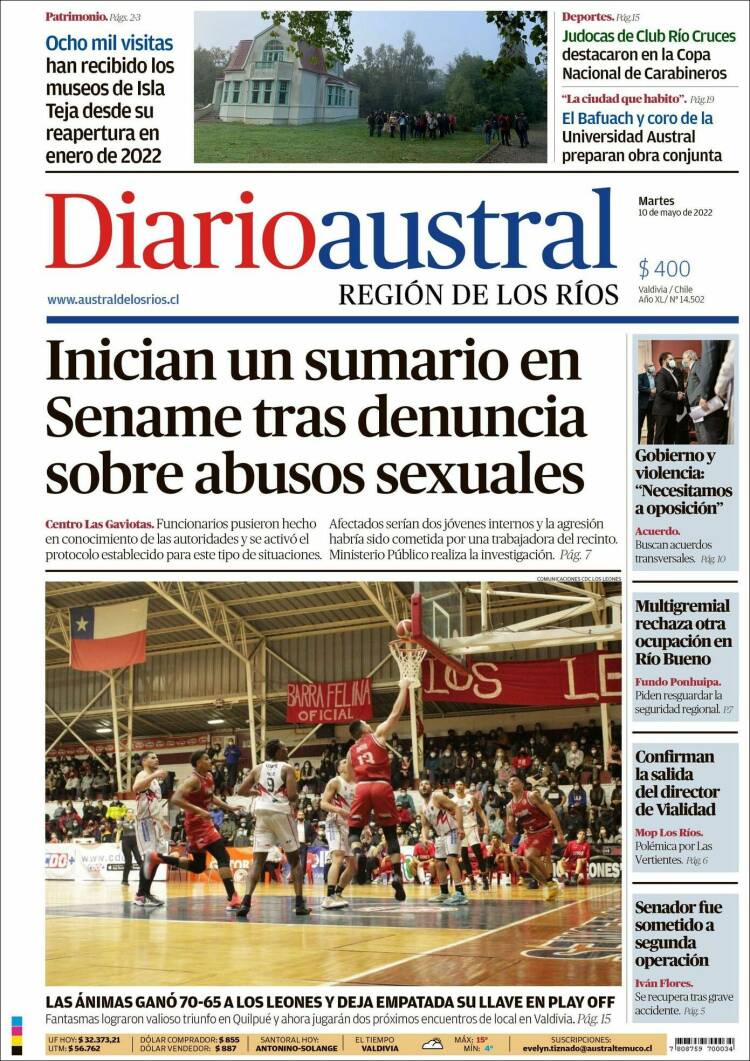 Portada de El Diario Austral de Valdivia (Chile)