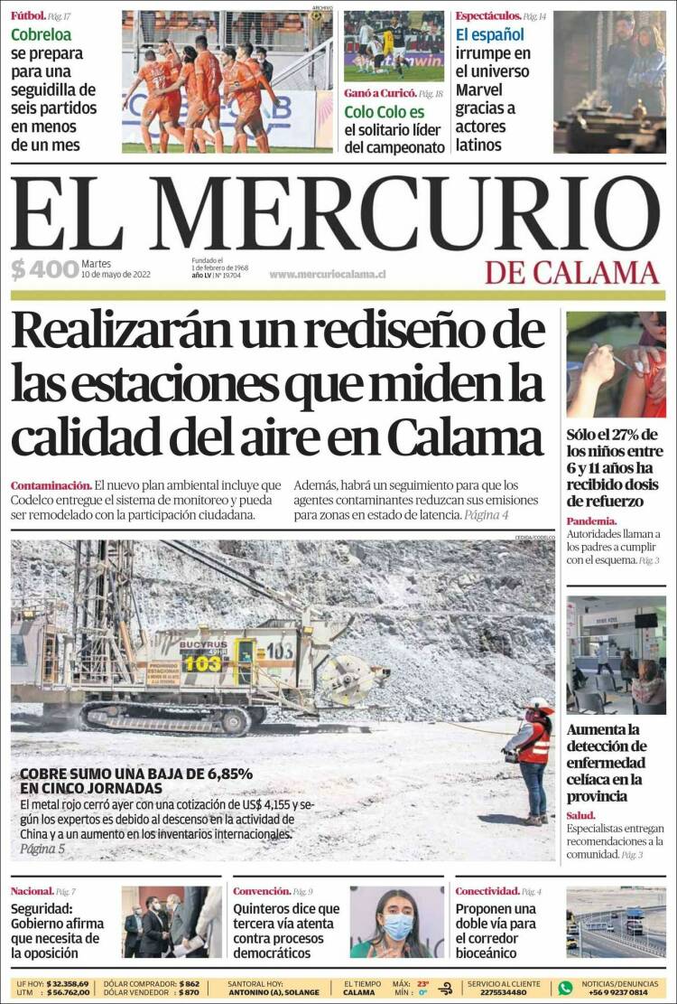 Portada de El Mercurio - Calama (Chile)