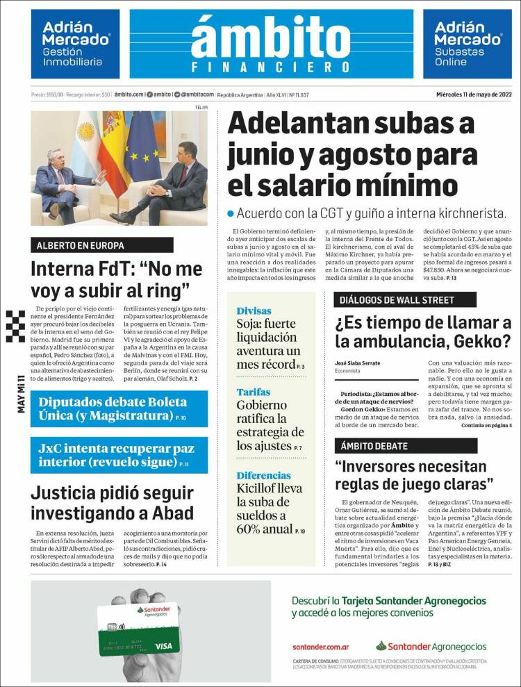 Portada de Diario Ambito Financiero (Argentina)