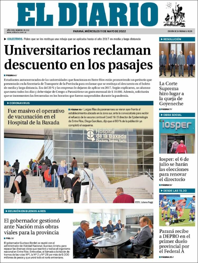 Portada de El Diario de Paraná (Argentina)