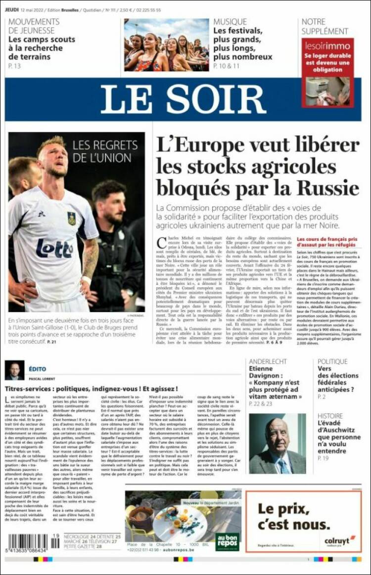 Portada de Le Soir (B&eacute;lgica)