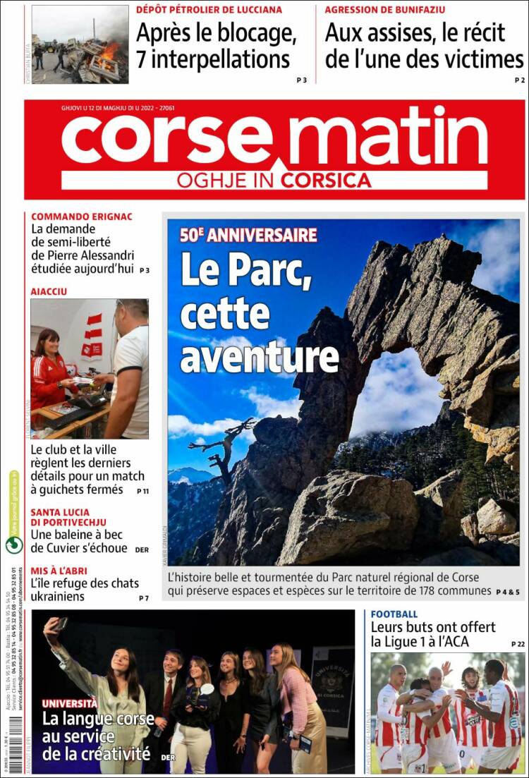 Portada de Corse-Matin (Francia)