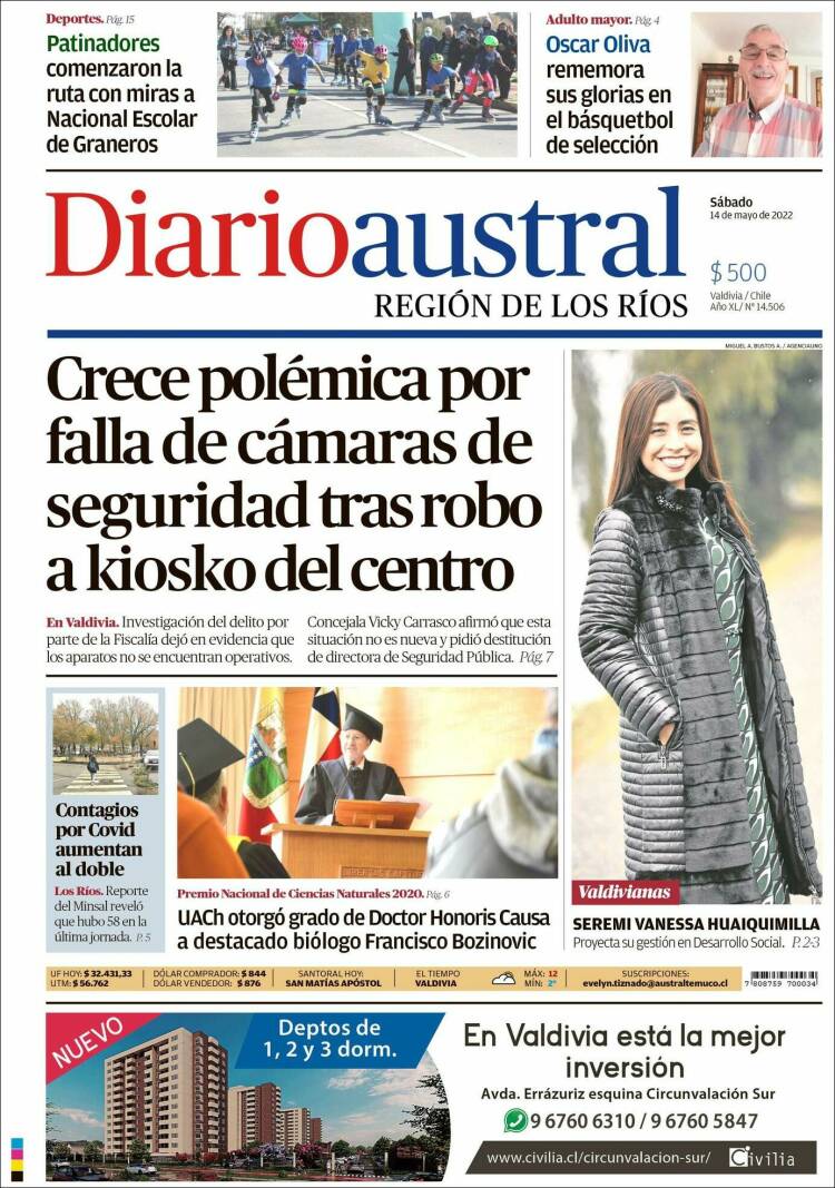 Portada de El Diario Austral de Valdivia (Chile)