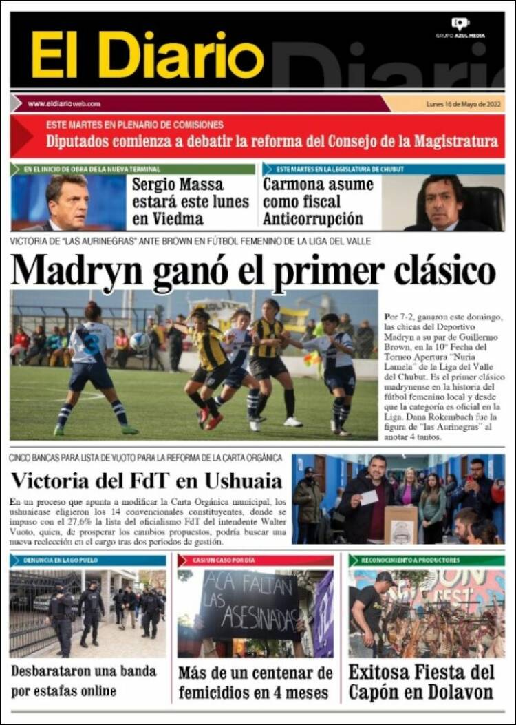 Portada de El Diario de Madryn (Argentina)