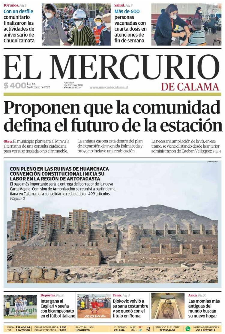 Portada de El Mercurio - Calama (Chili)