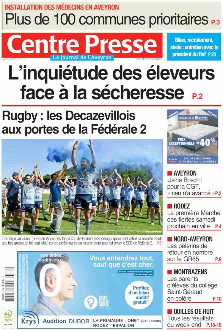 Portada de Centre Presse (Francia)