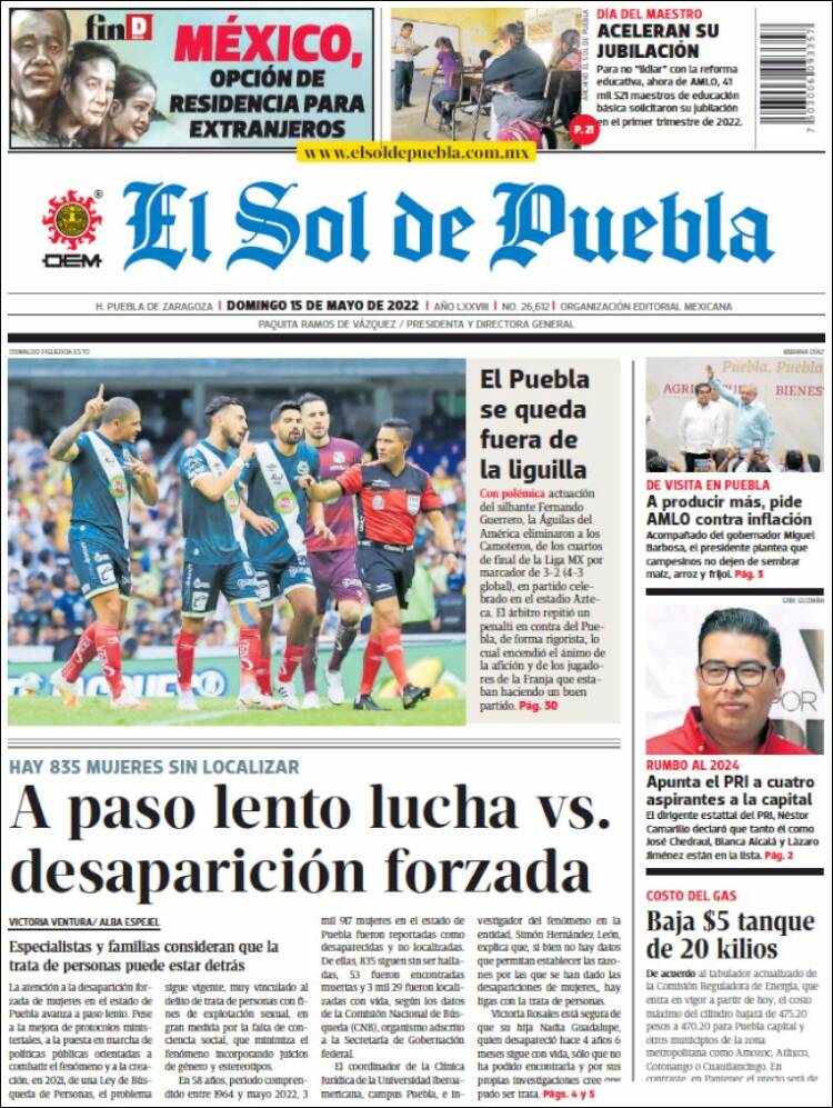 Portada de El Sol de Puebla (México)