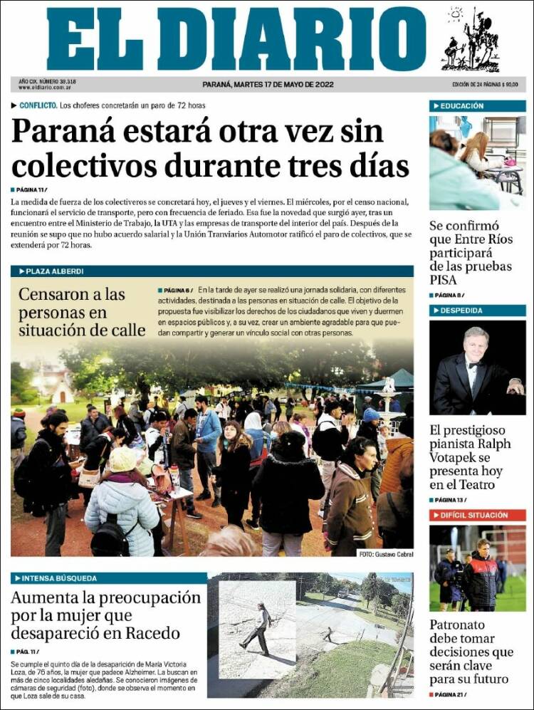 Portada de El Diario de Paraná (Argentina)