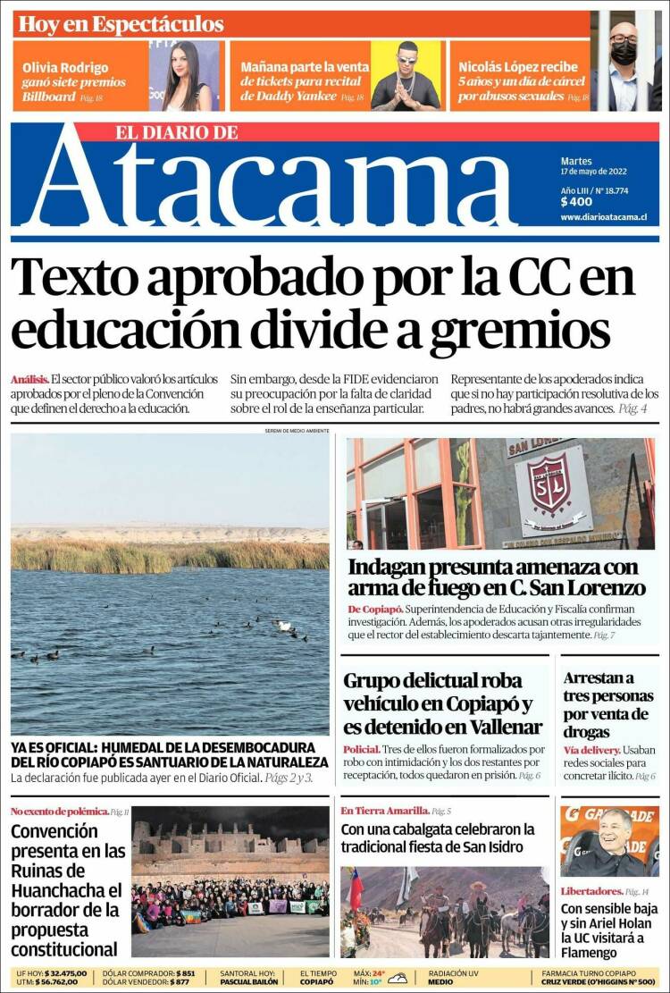 Portada de Diario de Atacama (Chile)