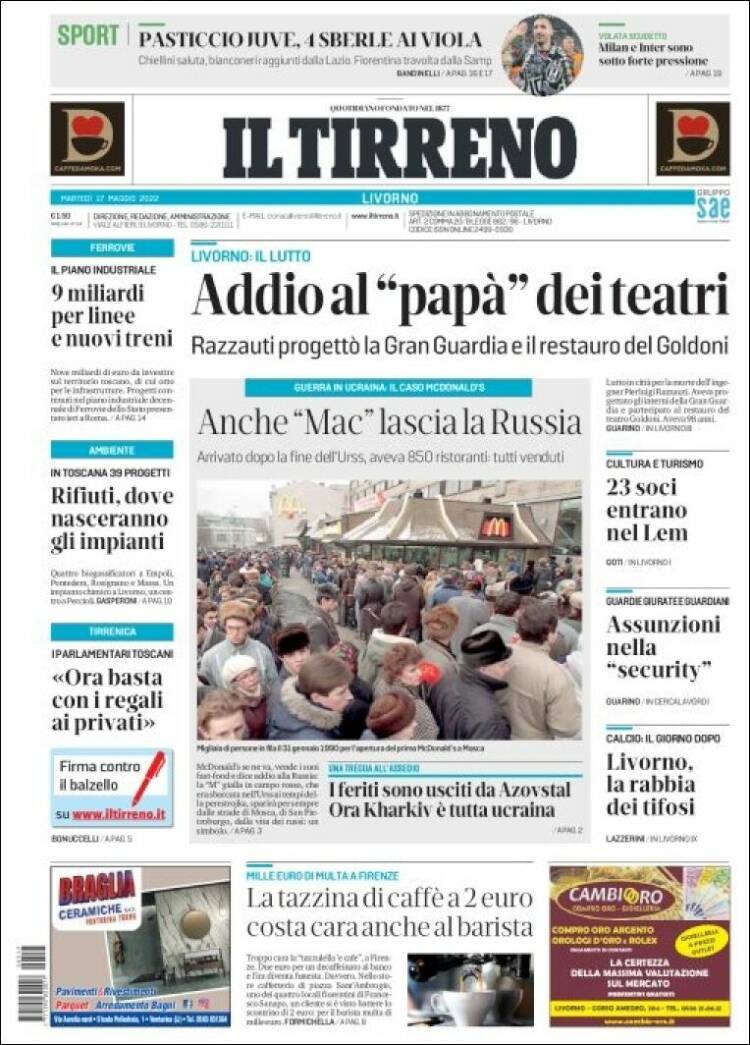 Portada de Il Tirreno (Italia)