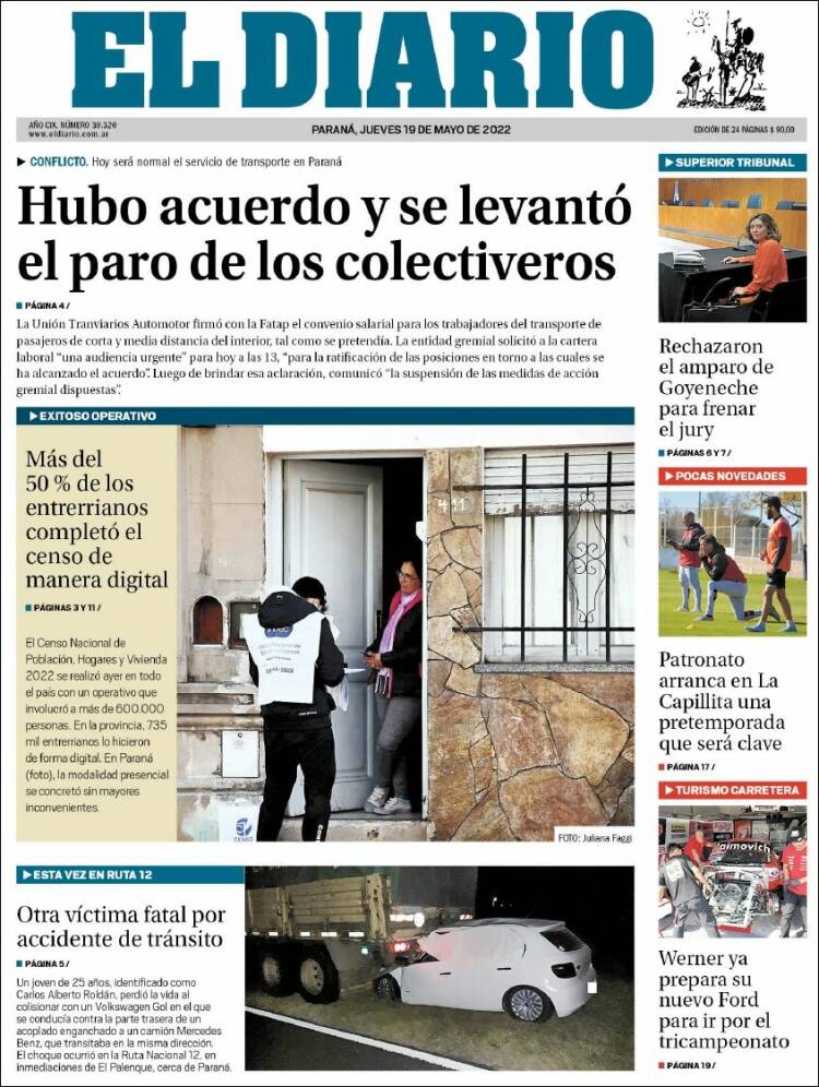 Portada de El Diario de Paraná (Argentina)