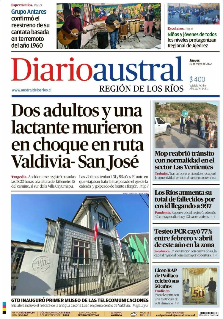 Portada de El Diario Austral de Valdivia (Chile)