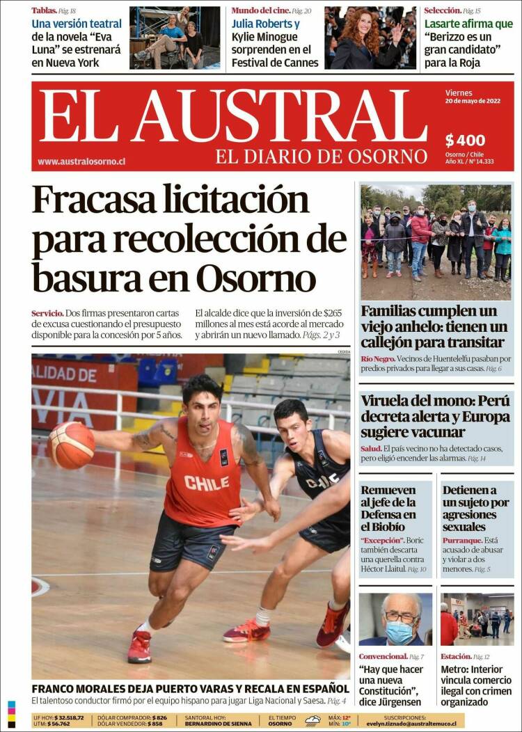 Portada de El Austral de Osorno (Chile)