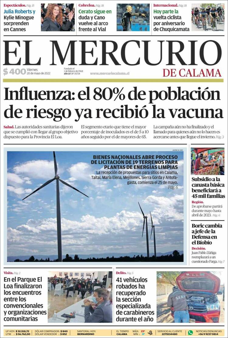 Portada de El Mercurio - Calama (Chile)