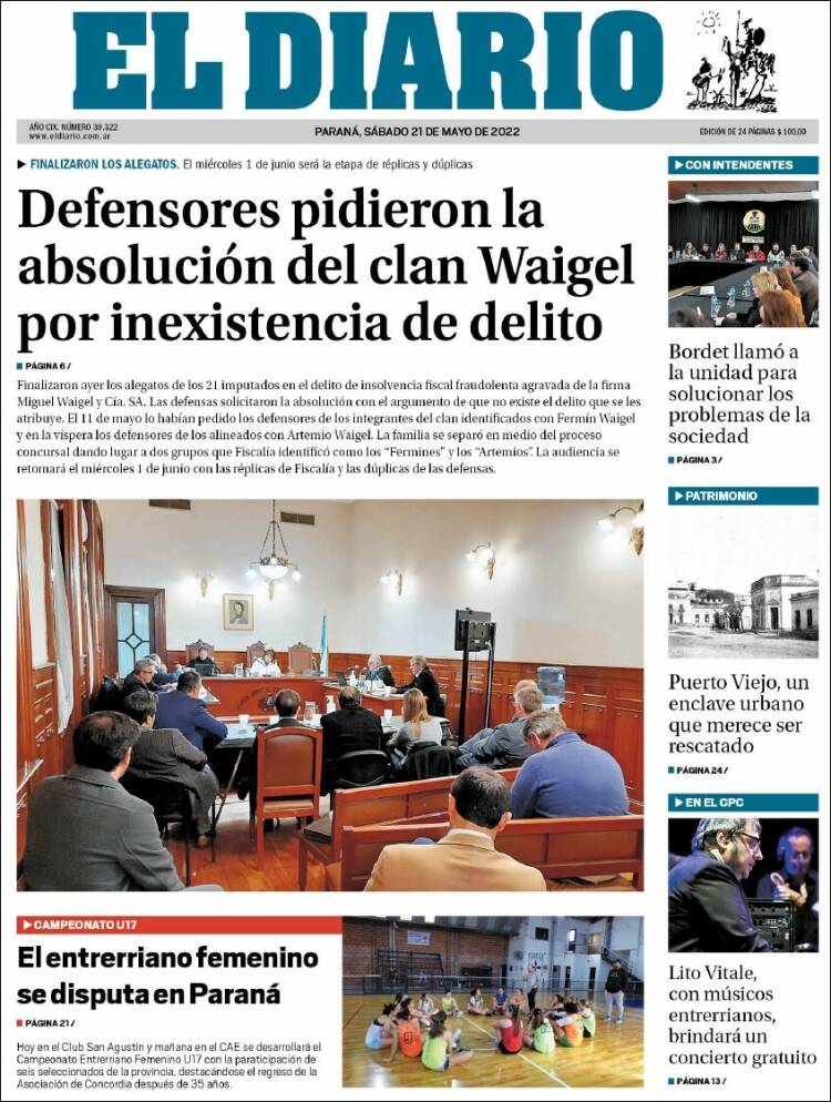 Portada de El Diario de Paraná (Argentina)