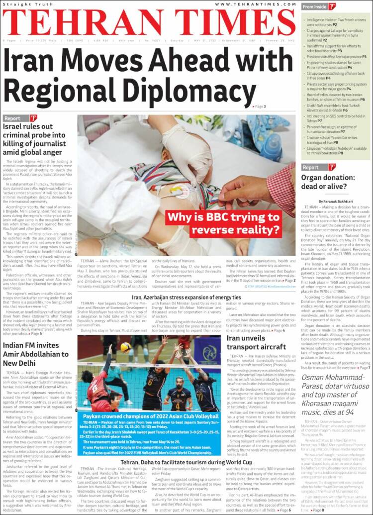 Portada de TehranTimes (Irán)