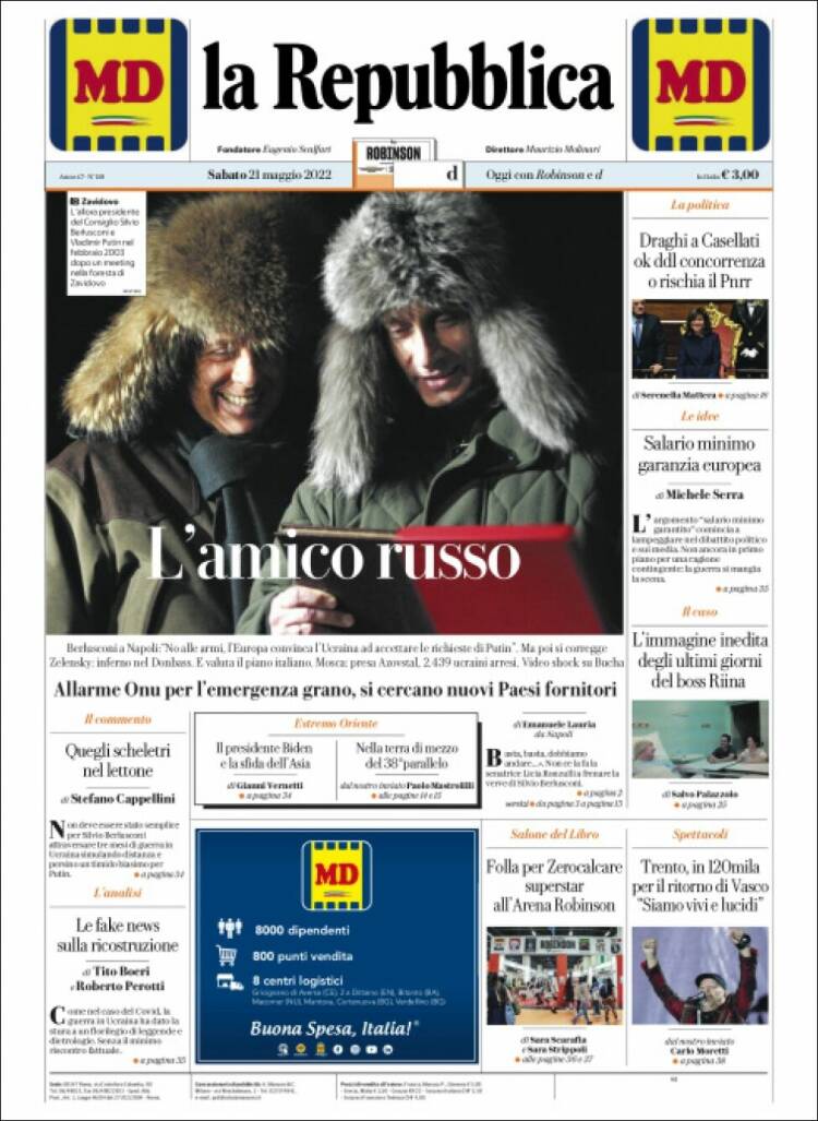 Portada de La Repubblica (Italia)