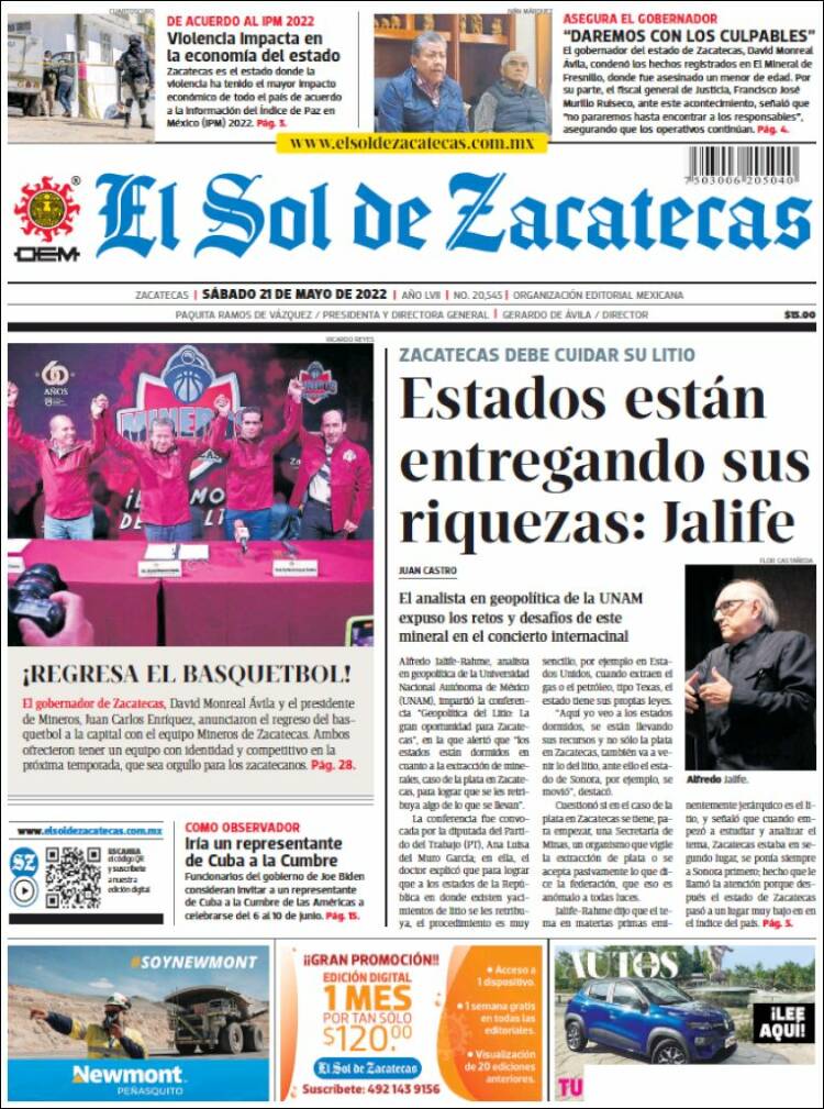 Portada de El Sol de Zacatecas (México)