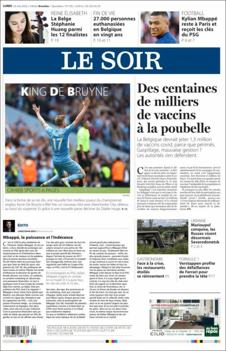 Portada de Le Soir (B&eacute;lgica)