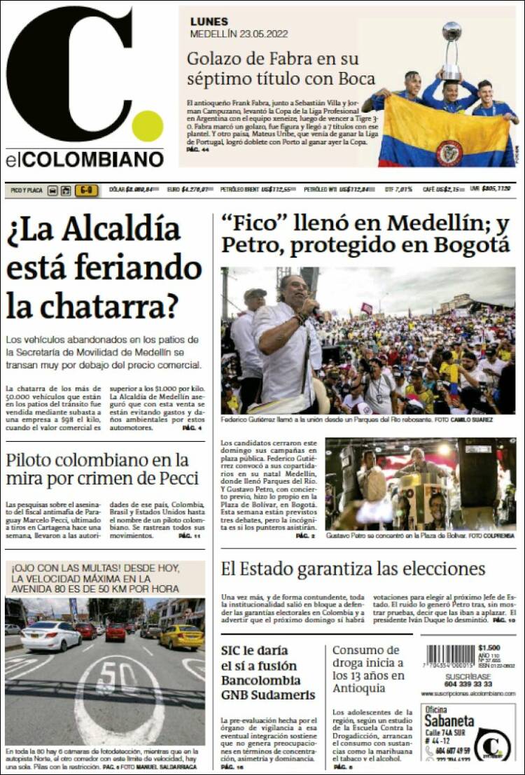 Portada de El Colombiano (Colombia)