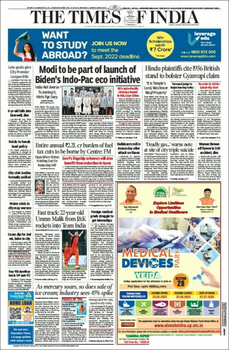 Portada de The Times of India (India)
